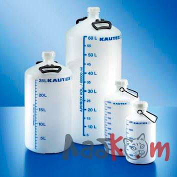 Бутыль Kautex толстостенная 60 л, HDPE, круглая, с синей градуировкой,  50 мм, естественный цвет, с ручками и крышкой, с резьбовым соединением